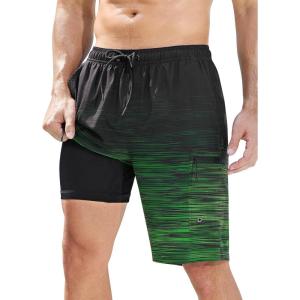 imageMens Swim Trunks with Compression Liner Zipper Cargo Pockets Bathing Suit 9 Inch QuickDry Swimming ShortsGradientblack Green Stripe