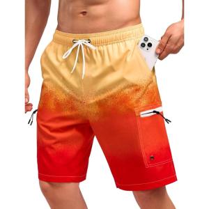 imageMens Swim Trunks with Compression Liner Zipper Cargo Pockets Bathing Suit 9 Inch QuickDry Swimming ShortsGradientorange