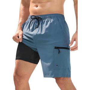 imageMens Swim Trunks with Compression Liner Zipper Cargo Pockets Bathing Suit 9 Inch QuickDry Swimming ShortsGrey Blue