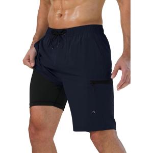 imageMens Swim Trunks with Compression Liner Zipper Cargo Pockets Bathing Suit 9 Inch QuickDry Swimming ShortsNavy
