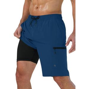 imageMens Swim Trunks with Compression Liner Zipper Cargo Pockets Bathing Suit 9 Inch QuickDry Swimming ShortsNavy Blue