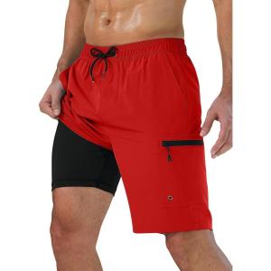 imageMens Swim Trunks with Compression Liner Zipper Cargo Pockets Bathing Suit 9 Inch QuickDry Swimming ShortsRed
