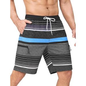 imageMens Swim Trunks with Compression Liner Zipper Cargo Pockets Bathing Suit 9 Inch QuickDry Swimming ShortsStripesblack Blue Grey