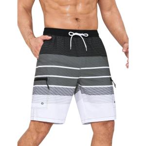 imageMens Swim Trunks with Compression Liner Zipper Cargo Pockets Bathing Suit 9 Inch QuickDry Swimming ShortsStripesblack Grey White