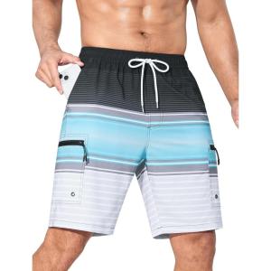 imageMens Swim Trunks with Compression Liner Zipper Cargo Pockets Bathing Suit 9 Inch QuickDry Swimming ShortsStripesgrey Blue