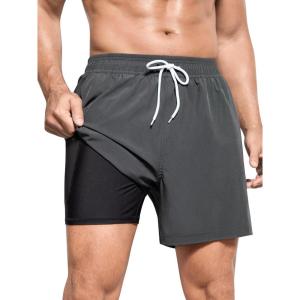 imageSILKWORLD Mens Swim Trunks Quick Dry Bathing Suits 6 Inch Swimming Shorts with Compression Liner and Zipper PocketsCharcoal Grey