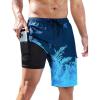 image:imageSILKWORLD Mens Swim Trunks with Compression Liner Quick Dry Bathing Suits 9 Inch Swimming Shorts with Cargo PocketsZ0 Blue Leaf