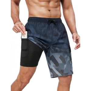 image:imageSILKWORLD Mens Swim Trunks with Compression Liner Quick Dry Bathing Suits 9 Inch Swimming Shorts with Cargo PocketsZ0 Black Grey Geometric Gradient