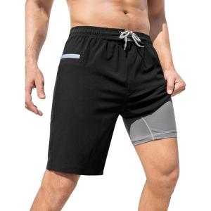image:imageSILKWORLD Mens Swim Trunks with Compression Liner 9 Swimming Trunk 2 in 1 Beach Quick Dry Shorts with Zipper PocketA0 Black