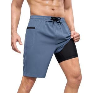 image:imageSILKWORLD Mens Swim Trunks with Compression Liner 9 Swimming Trunk 2 in 1 Beach Quick Dry Shorts with Zipper PocketGrey Blue