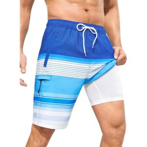 image:imageSILKWORLD Mens Swim Trunks with Compression Liner Quick Dry 9 Bathing Suit Summer Beach Swimming Shorts with Zip PocketsStripesbluewhite