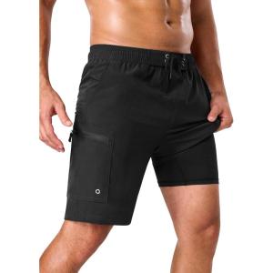 image:imageSILKWORLD Mens Swim Trunks Compression Lined Swimming Shorts 9 QuickDry Bathing Suits with Zipper Cargo PocketsA00 Black