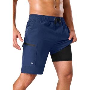 image:imageSILKWORLD Mens Swim Trunks Compression Lined Swimming Shorts 9 QuickDry Bathing Suits with Zipper Cargo PocketsA01 Navy Blue