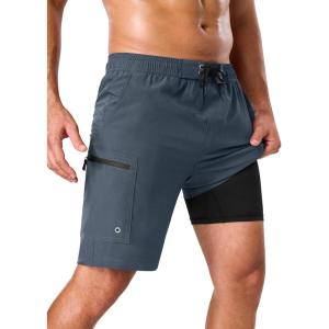 image:imageSILKWORLD Mens Swim Trunks Compression Lined Swimming Shorts 9 QuickDry Bathing Suits with Zipper Cargo PocketsA03 Dark Grey