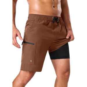 image:imageSILKWORLD Mens Swim Trunks Compression Lined Swimming Shorts 9 QuickDry Bathing Suits with Zipper Cargo PocketsBrown
