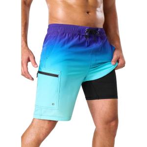 image:imageSILKWORLD Mens Swim Trunks Compression Lined Swimming Shorts 9 QuickDry Bathing Suits with Zipper Cargo PocketsGradient Blue Green