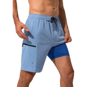 image:imageSILKWORLD Mens Swim Trunks Compression Lined Swimming Shorts 9 QuickDry Bathing Suits with Zipper Cargo PocketsGrey Blue