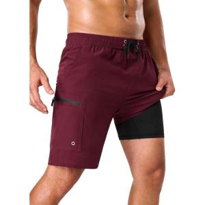 image:imageSILKWORLD Mens Swim Trunks Compression Lined Swimming Shorts 9 QuickDry Bathing Suits with Zipper Cargo PocketsRust Red
