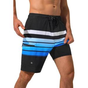 image:imageSILKWORLD Mens Swim Trunks Compression Lined Swimming Shorts 9 QuickDry Bathing Suits with Zipper Cargo PocketsStripes Blue Black White