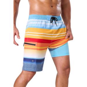 image:imageSILKWORLD Mens Swim Trunks Compression Lined Swimming Shorts 9 QuickDry Bathing Suits with Zipper Cargo PocketsStripes Orange Blue White