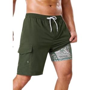 image:imageSILKWORLD Mens Swim Trunks with Compression Liner 9 Stretch Beach Shorts Quick Dry Bathing Suits with Zipper PocketsArmy Green Totem