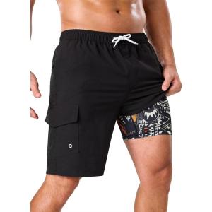 image:imageSILKWORLD Mens Swim Trunks with Compression Liner 9 Stretch Beach Shorts Quick Dry Bathing Suits with Zipper PocketsBlack Totem