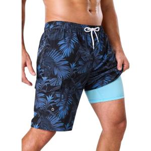 image:imageSILKWORLD Mens Swim Trunks with Compression Liner 9 Stretch Beach Shorts Quick Dry Bathing Suits with Zipper PocketsBluetropical