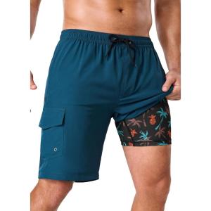 image:imageSILKWORLD Mens Swim Trunks with Compression Liner 9 Stretch Beach Shorts Quick Dry Bathing Suits with Zipper PocketsCopenblue Pineapple