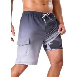 image:imageSILKWORLD Mens Swim Trunks with Compression Liner 9 Stretch Beach Shorts Quick Dry Bathing Suits with Zipper PocketsGradient Black Grey