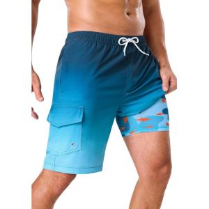 image:imageSILKWORLD Mens Swim Trunks with Compression Liner 9 Stretch Beach Shorts Quick Dry Bathing Suits with Zipper PocketsGradient Blue