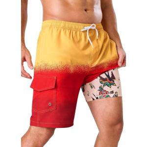 image:imageSILKWORLD Mens Swim Trunks with Compression Liner 9 Stretch Beach Shorts Quick Dry Bathing Suits with Zipper PocketsGradient Orange