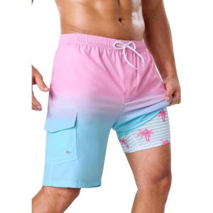 image:imageSILKWORLD Mens Swim Trunks with Compression Liner 9 Stretch Beach Shorts Quick Dry Bathing Suits with Zipper PocketsGradient Pink Blue
