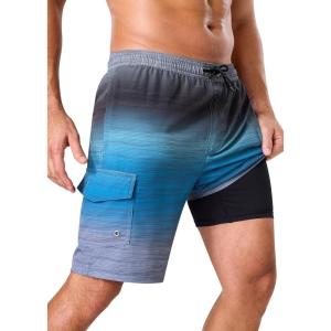 image:imageSILKWORLD Mens Swim Trunks with Compression Liner 9 Stretch Beach Shorts Quick Dry Bathing Suits with Zipper PocketsGrey Blue