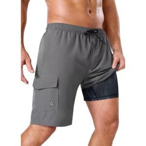 image:imageSILKWORLD Mens Swim Trunks with Compression Liner 9 Stretch Beach Shorts Quick Dry Bathing Suits with Zipper PocketsGrey Frosted