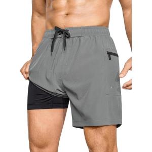 image:imageSILKWORLD Mens Swim Trunks 6 Quick Dry Bathing Suit Beach Swimming Shorts with Compression Liner and Zipper PocketsDark Grey