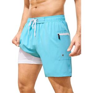 image:imageSILKWORLD Mens Swim Trunks 6 Quick Dry Bathing Suit Beach Swimming Shorts with Compression Liner and Zipper PocketsSky Blue