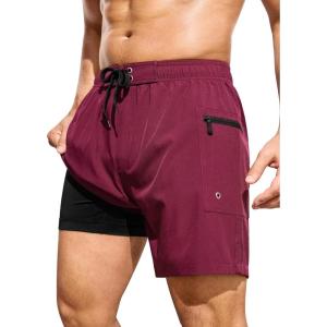 image:imageSILKWORLD Mens Swim Trunks 6 Quick Dry Bathing Suit Beach Swimming Shorts with Compression Liner and Zipper PocketsWine Red