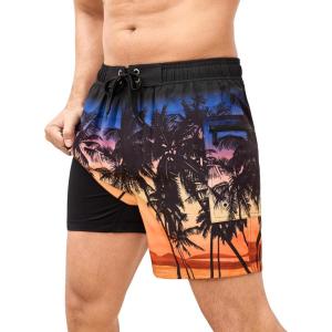 image:imageSILKWORLD Mens Swim Trunks 6 Quick Dry Bathing Suit Beach Swimming Shorts with Compression Liner and Zipper PocketsZ01 Gradient Black Orange Tree