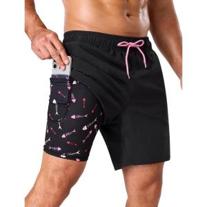 image:imageSILKWORLD Mens Swim Trunks with Compression Liner 2 in 1 Quick Dry Bathing Suit 7 Inch Swim Shorts with Zipper PocketsBlack