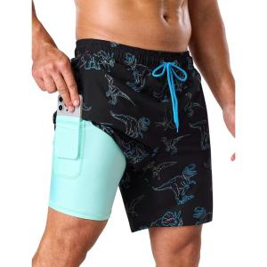 image:imageSILKWORLD Mens Swim Trunks with Compression Liner 2 in 1 Quick Dry Bathing Suit 7 Inch Swim Shorts with Zipper PocketsBlack Blue Dinosaur