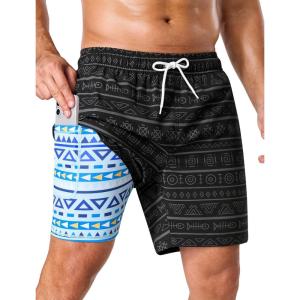 image:imageSILKWORLD Mens Swim Trunks with Compression Liner 2 in 1 Quick Dry Bathing Suit 7 Inch Swim Shorts with Zipper PocketsBlack Totem
