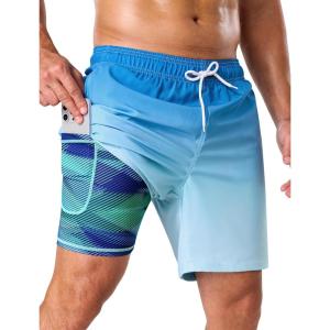 image:imageSILKWORLD Mens Swim Trunks with Compression Liner 2 in 1 Quick Dry Bathing Suit 7 Inch Swim Shorts with Zipper PocketsC1gradient Blue