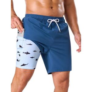 image:imageSILKWORLD Mens Swim Trunks with Compression Liner 2 in 1 Quick Dry Bathing Suit 7 Inch Swim Shorts with Zipper PocketsD1dark Blue