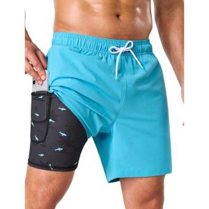 image:imageSILKWORLD Mens Swim Trunks with Compression Liner 2 in 1 Quick Dry Bathing Suit 7 Inch Swim Shorts with Zipper PocketsD2aqua Blue