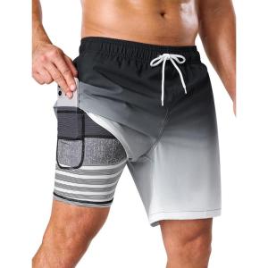 image:imageSILKWORLD Mens Swim Trunks with Compression Liner 2 in 1 Quick Dry Bathing Suit 7 Inch Swim Shorts with Zipper PocketsGradient Black Grey
