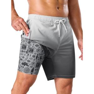 image:imageSILKWORLD Mens Swim Trunks with Compression Liner 2 in 1 Quick Dry Bathing Suit 7 Inch Swim Shorts with Zipper PocketsGradient Grey