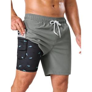 image:imageSILKWORLD Mens Swim Trunks with Compression Liner 2 in 1 Quick Dry Bathing Suit 7 Inch Swim Shorts with Zipper PocketsGrey
