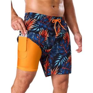 image:imageSILKWORLD Mens Swim Trunks with Compression Liner 2 in 1 Quick Dry Bathing Suit 7 Inch Swim Shorts with Zipper PocketsPalm Orange