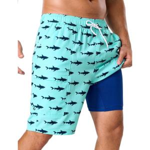 image:imageSILKWORLD Mens Swim Trunks with Compression Liner 9 Quick Dry Bathing Suit Long Swimming Shorts with Cargo PocketsAqua Fish Pattern