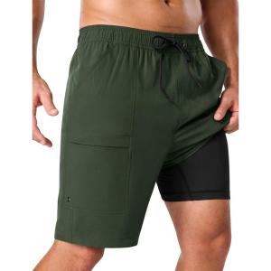 image:imageSILKWORLD Mens Swim Trunks with Compression Liner 9 Quick Dry Bathing Suit Long Swimming Shorts with Cargo PocketsArmy Green